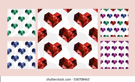 Vector set of seamless patterns with diamond hearts: ruby, sapphire, emerald. Romance, valentines, wedding theme. Colored pattern for textile, paper, book, game, cards, banner, web design.