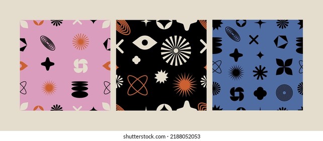 Vector Set Of Seamless Patterns With Different Geometric Shapes And Elements. Brutalist Design Icons And Signs. Basic Forms