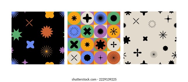 Vector set of seamless patterns with different geometric shapes and elements. Brutalist design icons and signs. Basic forms