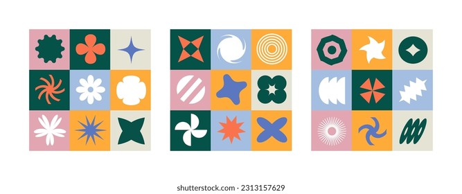 Vector set of seamless patterns with different geometric shapes and elements. Set of geometric modern brutalist shapes. Y2K elements set. Graphic template for notebook, banner, mobile, posters.