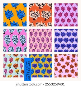 Vector set with seamless patterns with different flowers. Floral backgrounds, designs. Pixel art. 