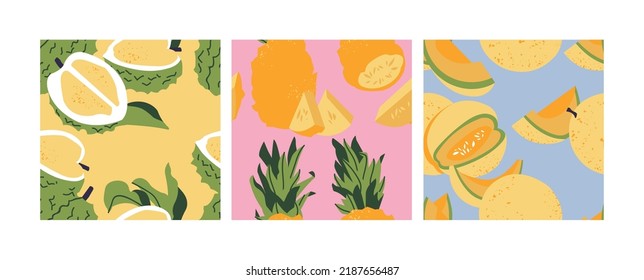 Vector set of seamless patterns with dragon durian, pineapple and melon fruits. Abstract design for paper, cover, fabric
