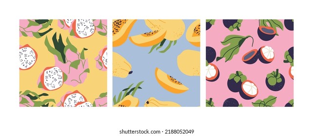 Vector set of seamless patterns with dragon fruit, papaya and mangosteen fruits. Abstract design for paper, cover, fabric