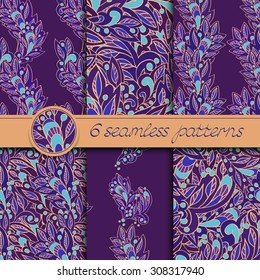 Vector set of seamless patterns with floral elements. Collection of patterns in purple and blue colors.