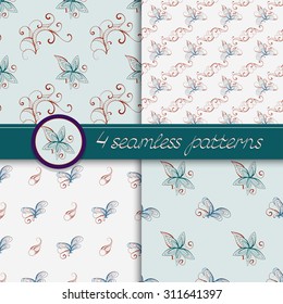 Vector set of seamless patterns with floral elements. Collection of patterns in green and beige colors.