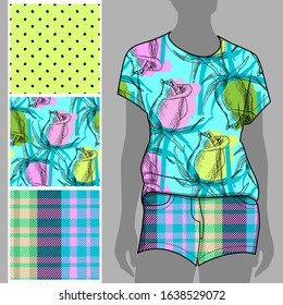 Vector set of seamless patterns with flowers, cell and polka dots for printing on clothes. A set of clothes with a print and seamless patterns. Print on T-shirts, bags and and other fashion products.