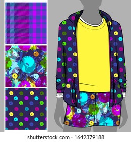 Vector set of seamless patterns with flowers and polka dots for printing on clothes. A set of clothes with a print and seamless patterns. Print on T-shirts, bags and and other fashion products.