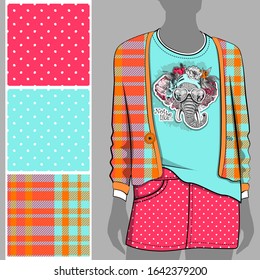 Vector set of seamless patterns with flowers and polka dots for printing on clothes. Elephant with a floral ornament on the ears. Print on T-shirts, bags and and other fashion products.