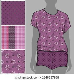 Vector set of seamless patterns with flowers and polka dots for printing on clothes. A set of clothes with a print and seamless patterns. Print on T-shirts, bags and and other fashion products.