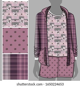 Vector set of seamless patterns with flowers and polka dots for printing on clothes. A set of clothes with a print and seamless patterns. Print on T-shirts, bags and and other fashion products.