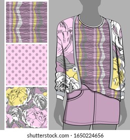 Vector set of seamless patterns with flowers and polka dots for printing on clothes. A set of clothes with a print and seamless patterns. Print on T-shirts, bags and and other fashion products.
