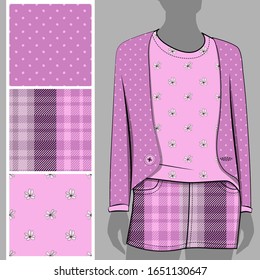 Vector set of seamless patterns with flowers and polka dots for printing on clothes. A set of clothes with a print and seamless patterns. Print on T-shirts, bags and and other fashion products.
