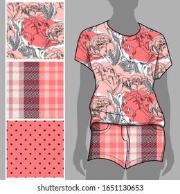 Vector set of seamless patterns with flowers and polka dots for printing on clothes. A set of clothes with a print and seamless patterns. Print on T-shirts, bags and and other fashion products.
