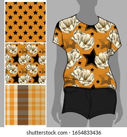 Vector set of seamless patterns with flowers and polka dots for printing on clothes. A set of clothes with a print and seamless patterns. Print on T-shirts, bags and and other fashion products.