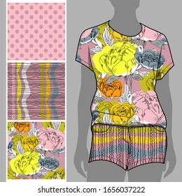 Vector set of seamless patterns with flowers and polka dots for printing on clothes. A set of clothes with a print and seamless patterns. Print on T-shirts, bags and and other fashion products.