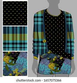 Vector set of seamless patterns with flowers and polka dots for printing on clothes. A set of clothes with a print and seamless patterns. Print on T-shirts, bags and and other fashion products.