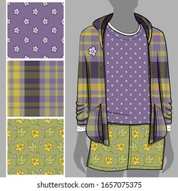 Vector set of seamless patterns with flowers and polka dots for printing on clothes. A set of clothes with a print and seamless patterns. Print on T-shirts, bags and and other fashion products.