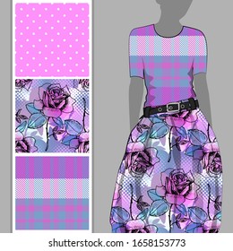 Vector set of seamless patterns with flowers and polka dots for printing on clothes. A set of clothes with a print and seamless patterns. Print on T-shirts, bags and and other fashion products.