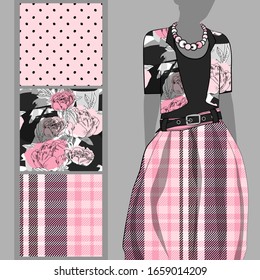 Vector set of seamless patterns with flowers and polka dots for printing on clothes. A set of clothes with a print and seamless patterns. Print on T-shirts, bags and and other fashion products.
