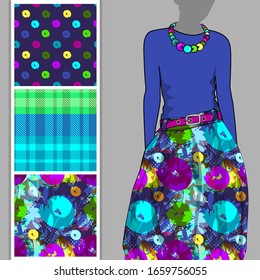 Vector set of seamless patterns with flowers and polka dots for printing on clothes. A set of clothes with a print and seamless patterns. Print on T-shirts, bags and and other fashion products.