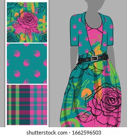 Vector set of seamless patterns with flowers, cell and polka dots for printing on clothes. A set of clothes with a print and seamless patterns. Print on T-shirts, bags and and other fashion products.