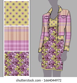 Vector set of seamless patterns with flowers, cell and polka dots for printing on clothes. A set of clothes with a print and seamless patterns. Print on T-shirts, bags and and other fashion products.