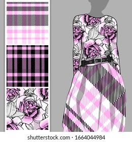 Vector set of seamless patterns with flowers and polka dots for printing on clothes. A set of clothes with a print and seamless patterns. Print on T-shirts, bags and and other fashion products.