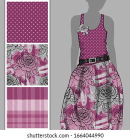 Vector set of seamless patterns with flowers, cell and polka dots for printing on clothes. A set of clothes with a print and seamless patterns. Print on T-shirts, bags and and other fashion products.