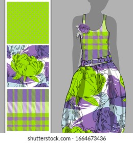 Vector set of seamless patterns with flowers and polka dots for printing on clothes. A set of clothes with a print and seamless patterns. Print on T-shirts, bags and and other fashion products.