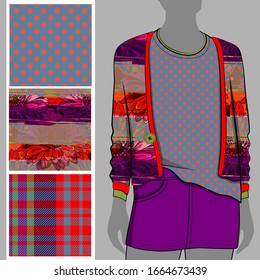 Vector set of seamless patterns with flowers and polka dots for printing on clothes. A set of clothes with a print and seamless patterns. Print on T-shirts, bags and and other fashion products.