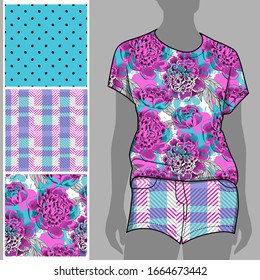 Vector set of seamless patterns with flowers and polka dots for printing on clothes. A set of clothes with a print and seamless patterns. Print on T-shirts, bags and and other fashion products.