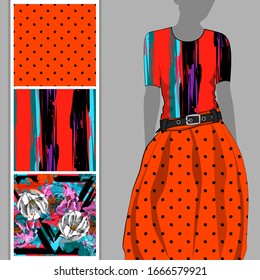 Vector set of seamless patterns with flowers and polka dots for printing on clothes. A set of clothes with a print and seamless patterns. Print on T-shirts, bags and and other fashion products.