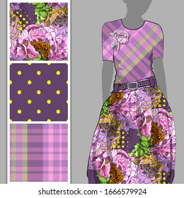 Vector set of seamless patterns with flowers and polka dots for printing on clothes. A set of clothes with a print and seamless patterns. Print on T-shirts, bags and and other fashion products.