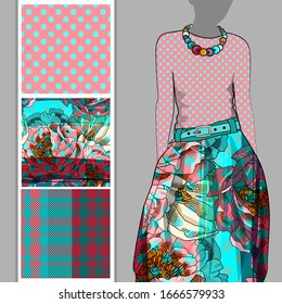 Vector set of seamless patterns with flowers and polka dots for printing on clothes. A set of clothes with a print and seamless patterns. Print on T-shirts, bags and and other fashion products.
