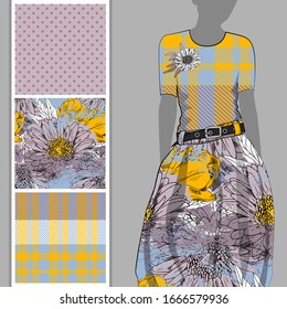 Vector set of seamless patterns with flowers and polka dots for printing on clothes. A set of clothes with a print and seamless patterns. Print on T-shirts, bags and and other fashion products.