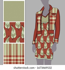 Vector set of seamless patterns with flowers and polka dots for printing on clothes. A set of clothes with a print and seamless patterns. Print on T-shirts, bags and and other fashion products.