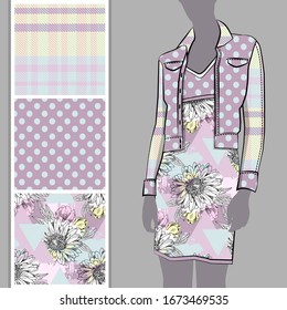 Vector set of seamless patterns with flowers and polka dots for printing on clothes. A set of clothes with a print and seamless patterns. Print on T-shirts, bags and and other fashion products.