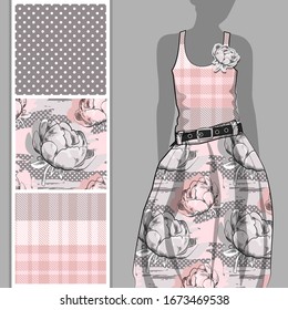 Conjunto vectorial de patrones sin fisuras con flores y puntos de polka para imprimir en ropa. Un conjunto de ropas con estampado y sin fisuras. Imprima en pantalones T, bolsas y otros productos de moda.