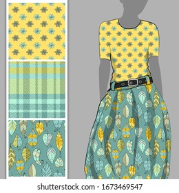 Vector set of seamless patterns with flowers and polka dots for printing on clothes. A set of clothes with a print and seamless patterns. Print on T-shirts, bags and and other fashion products.