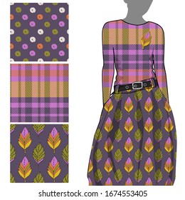 Vector set of seamless patterns with flowers and polka dots for printing on clothes. A set of clothes with a print and seamless patterns. Print on T-shirts, bags and and other fashion products.