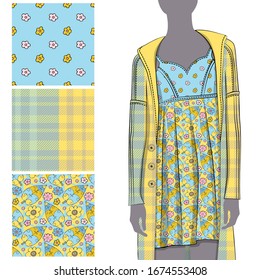 Vector set of seamless patterns with flowers and polka dots for printing on clothes. A set of clothes with a print and seamless patterns. Print on T-shirts, bags and and other fashion products.