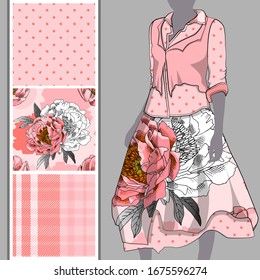 Vector set of seamless patterns with flowers and polka dots for printing on clothes. A set of clothes with a print and seamless patterns. Print on T-shirts, bags and and other fashion products.