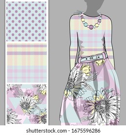 Vector set of seamless patterns with flowers and polka dots for printing on clothes. A set of clothes with a print and seamless patterns. Print on T-shirts, bags and and other fashion products.