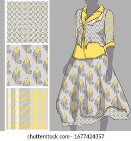 Vector set of seamless patterns with flowers and polka dots for printing on clothes. A set of clothes with a print and seamless patterns. Print on T-shirts, bags and and other fashion products.