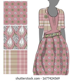 Vector set of seamless patterns with flowers and polka dots for printing on clothes. A set of clothes with a print and seamless patterns. Print on T-shirts, bags and and other fashion products.