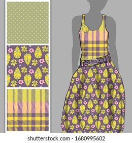 Vector set of seamless patterns with flowers and polka dots for printing on clothes. A set of clothes with a print and seamless patterns. Print on T-shirts, bags and and other fashion products.
