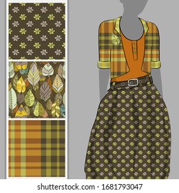 Vector set of seamless patterns with flowers and polka dots for printing on clothes. A set of clothes with a print and seamless patterns. Print on T-shirts, bags and and other fashion products.