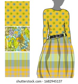 Vector set of seamless patterns with flowers and polka dots for printing on clothes. A set of clothes with a print and seamless patterns. Print on T-shirts, bags and and other fashion products.