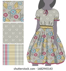 Vector set of seamless patterns with flowers and polka dots for printing on clothes. A set of clothes with a print and seamless patterns. Print on T-shirts, bags and and other fashion products.