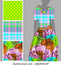 Vector set of seamless patterns with flowers, cell and polka dots for printing on clothes. A set of clothes with a print and seamless patterns. Print on T-shirts, bags and and other fashion products.